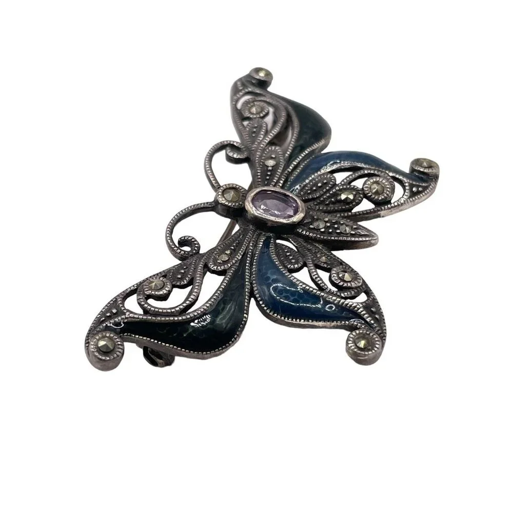 Sterling Silver 925 Faceted Amethyst Marcasite Enameled Butterfly Brooch Pin VTG